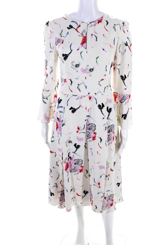 ladies-trumpet-dress-sophisticated-Prabal Gurung Women's Round Neck Bell Sleeves Fit Flare Floral Midi Dress