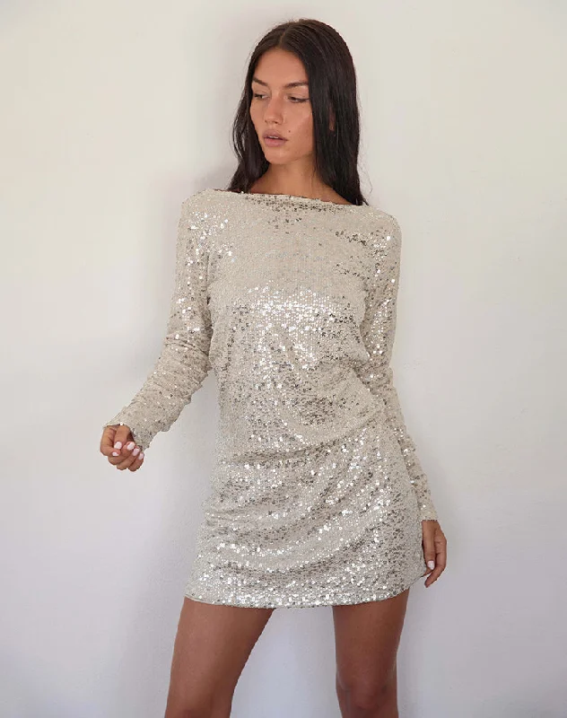 ladies-mini-dress-tiktok-famous-Jasilia Long Sleeve Mini Dress in Neutral Sequin