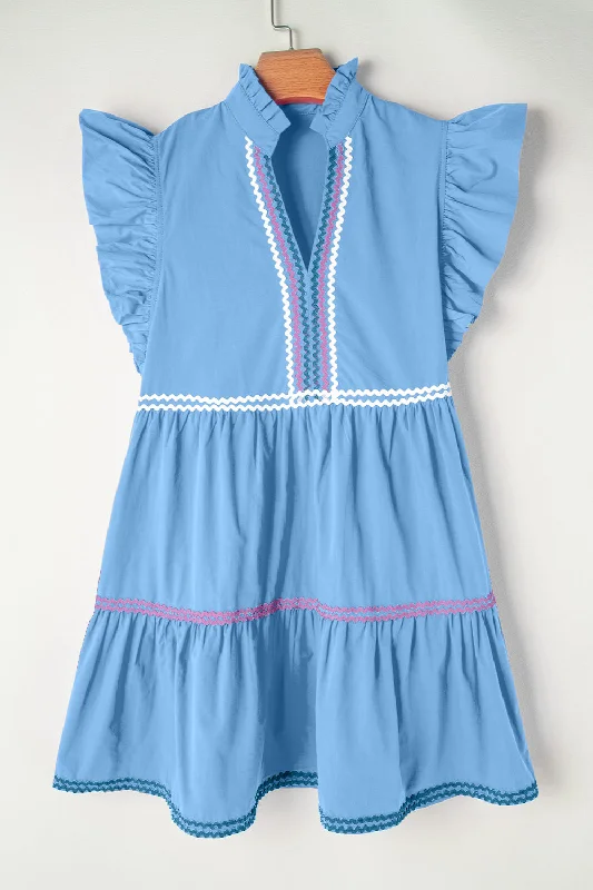 ladies-mini-dress-silk-material-Ruffled Notched Cap Sleeve Mini Dress