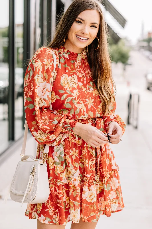 ladies-mini-dress-mustard-yellow-Now Or Never Rust Orange Floral Mini Dress