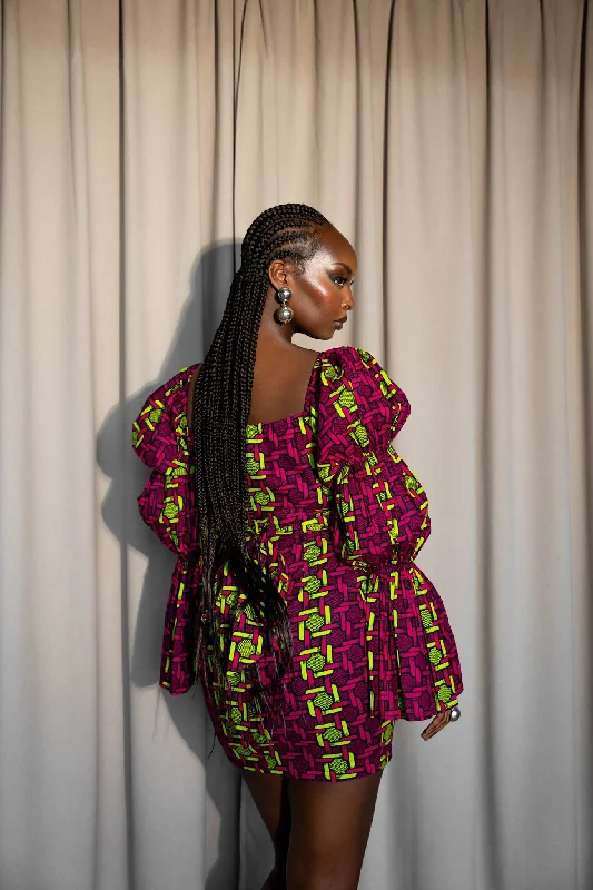 ladies-mini-dress-sophisticated-WUNMI African Print Off-shoulder Puffy Sleeve Mini Dress