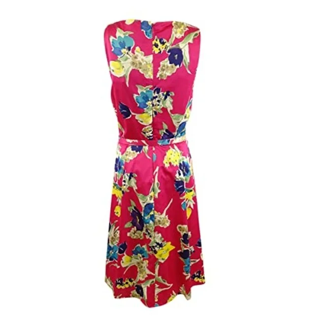 ladies-floral-dress-turquoise-base-Ralph Lauren Women's Floral Belted Cocktail Dress Pink Size 6