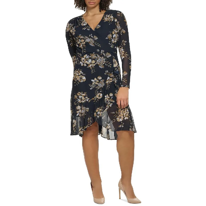 ladies-trumpet-dress-black-elegant-Womens Floral Print Faux Wrap Fit & Flare Dress