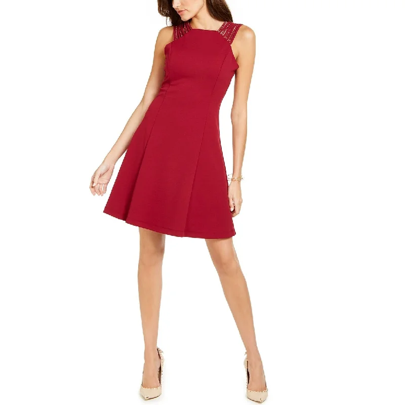 ladies-trumpet-dress-fit-flare-GUESS Women's Studded-Strap Fit & Flare Dress Red Size 6