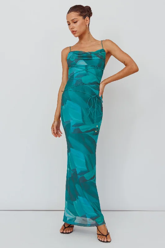 ladies-maxi-dress-cotton-blend-Teava Laced Waist Maxi Dress Abstract Green