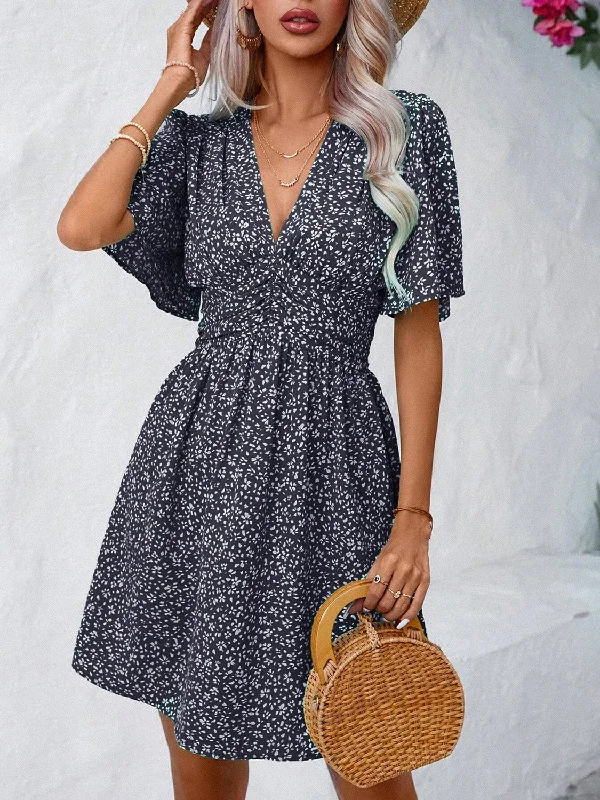 ladies-mini-dress-cocktail-dress-Printed V-Neck Half Sleeve Mini Dress