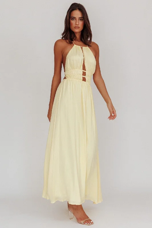 ladies-maxi-dress-bold-statement-Cyndi Open Back Halterneck Maxi Dress Light Yellow