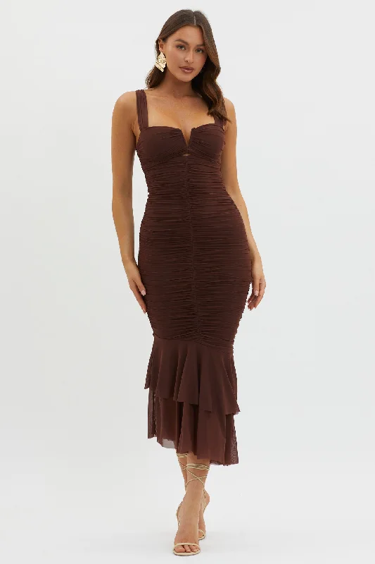 ladies-maxi-dress-polka-dot-Nadia Ruched Fishtail Maxi Dress Chocolate