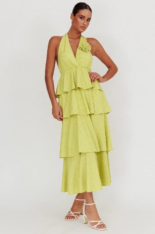 ladies-maxi-dress-ash-gray-Kimberley Halter Neck Ruffle Maxi Dress Matcha