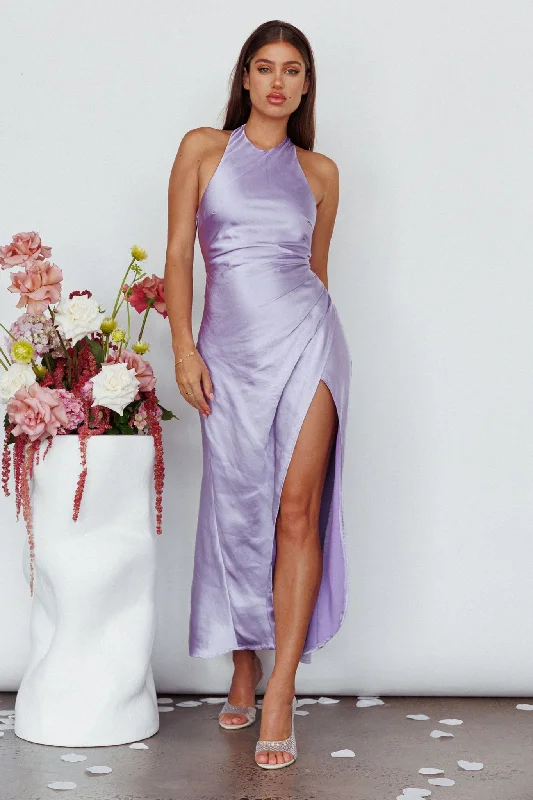 ladies-maxi-dress-matte-look-Sonoma Halterneck Faux Wrap Twist Back Maxi Dress Lavender