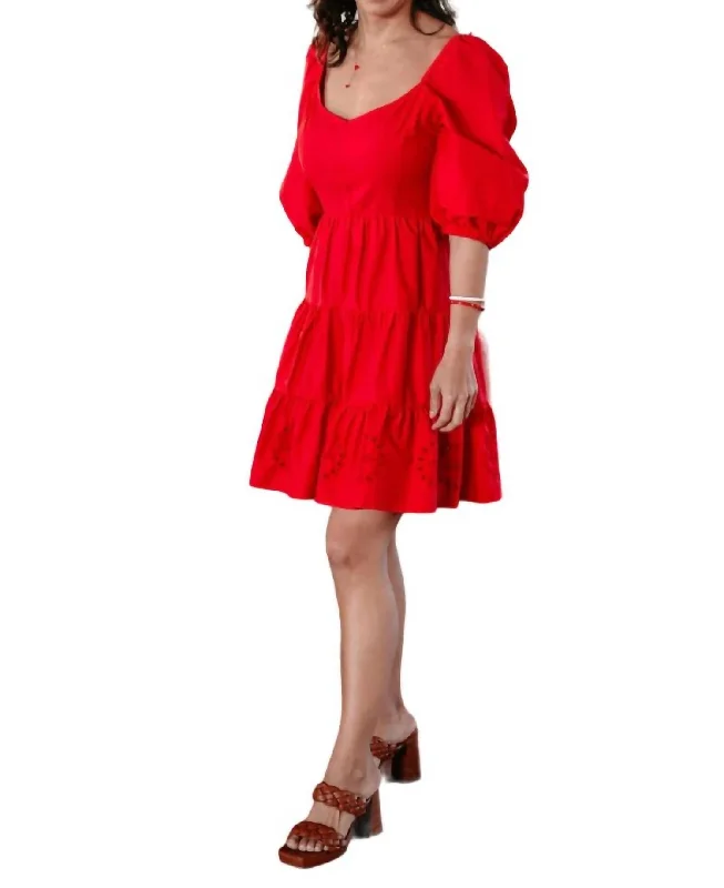 ladies-trumpet-dress-high-waist-Davina Puff Sleeves Fit & Flare Eyelet Dress In Strawberry Red