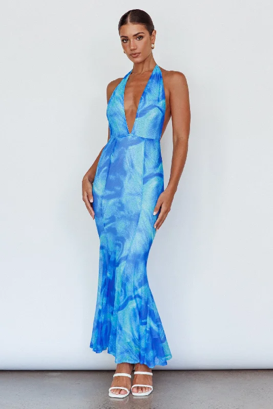 ladies-maxi-dress-seafoam-green-Mayah Halterneck Maxi Dress Printed Blue