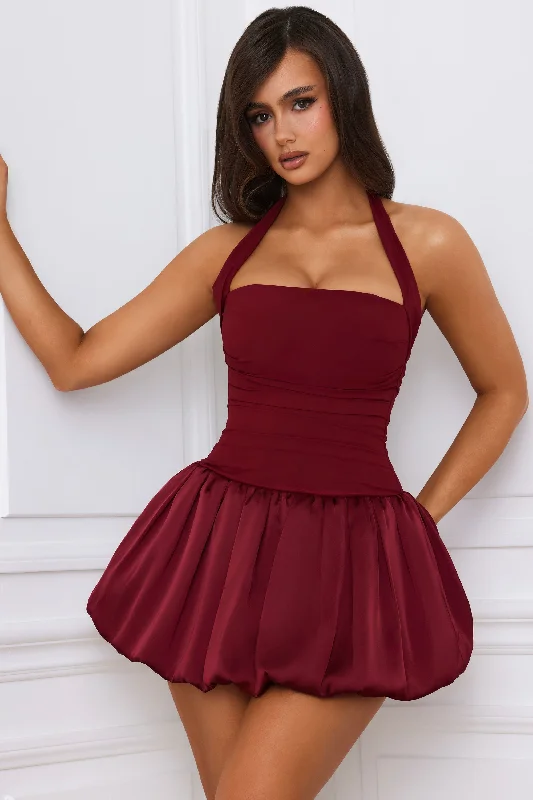 ladies-mini-dress-street-style-Halterneck Lace-Up Bubble Hem Corset Micro Mini Dress in Berry Red