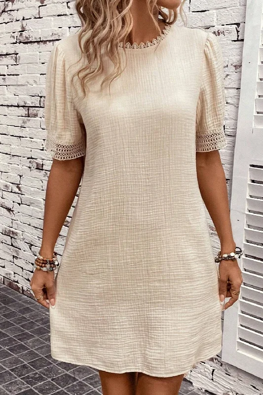 ladies-mini-dress-casual-day-Lace Detail Round Neck Short Sleeve Mini Dress