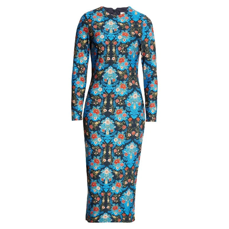 ladies-floral-dress-statement-piece-Farm Rio Womens Jersey Midi Dress Abaresque Floral Blue