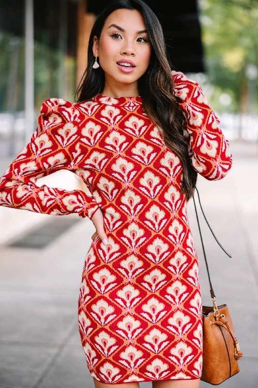 ladies-mini-dress-button-down-Just Imagine Berry Red Abstract Mini Sweater Dress