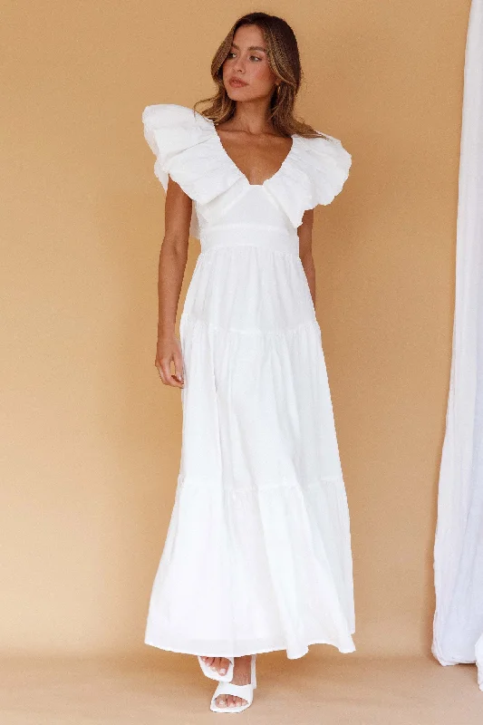 ladies-maxi-dress-pearl-white-Kahlo Puffed Ruffle Neckline Maxi Dress White