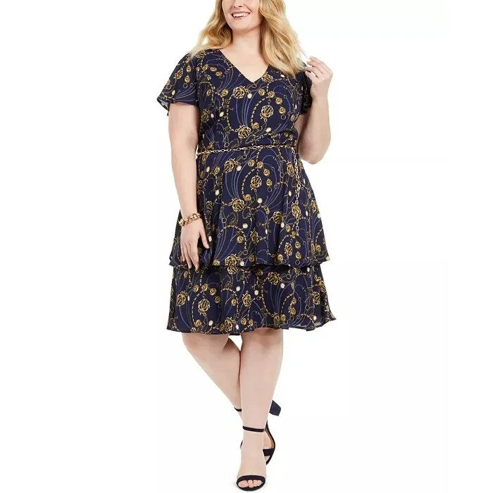 ladies-trumpet-dress-plus-size-Teeze Me Junior's Plus Printed Belted Fit & Flare Dress Navy Size 16