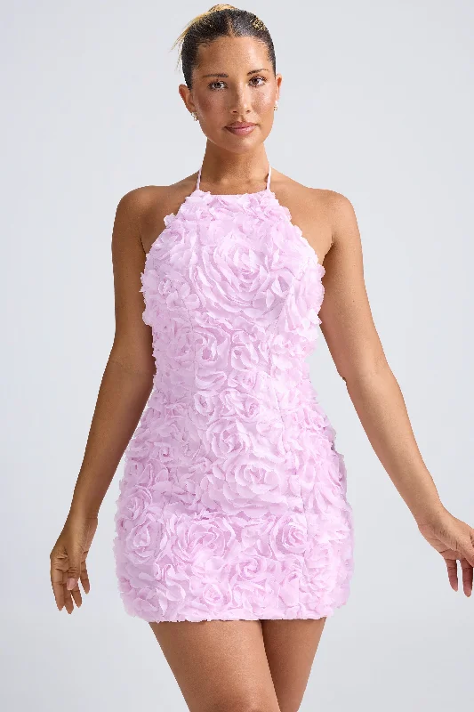 ladies-mini-dress-bold-statement-Floral-Appliqué Halterneck A-Line Mini Dress in Lilac