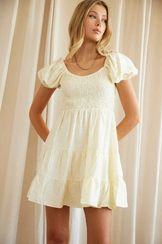 ladies-trumpet-dress-chiffon-fabric-Beige Fit And Flare Dress Short Sleeve Scoop Neck