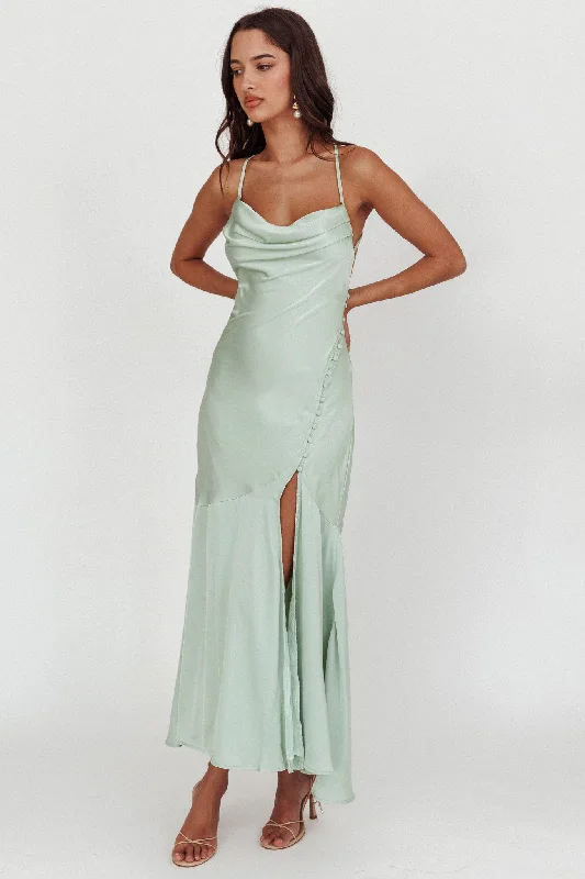 ladies-maxi-dress-flirty-look-Elpis Cowl Button Satin Maxi Dress Mint