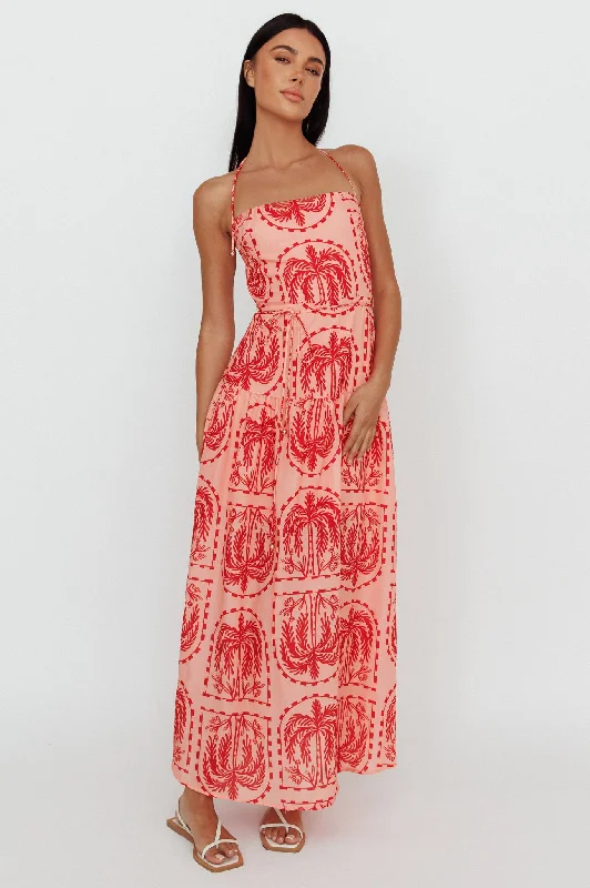 ladies-maxi-dress-effortless-style-Natasia Halterneck Maxi Dress Palm Print Red