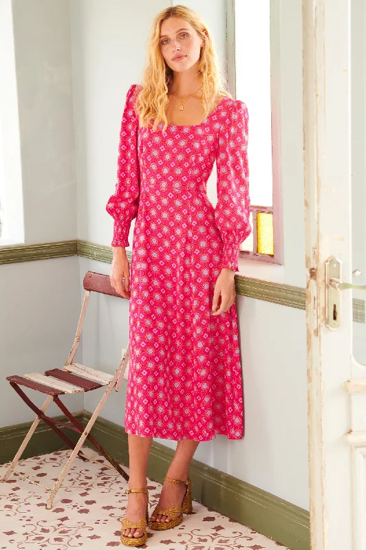 ladies-floral-dress-vintage-vibe-Iyla Dress | Geo Floral Bright Pink