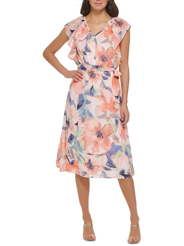 ladies-midi-dress-silk-material-Womens Floral Print V Neck Midi Dress