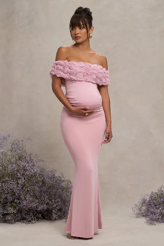 ladies-floral-dress-playful-design-Inflorescence | Blush Pink Mesh Floral Bardot Maternity Maxi Dress