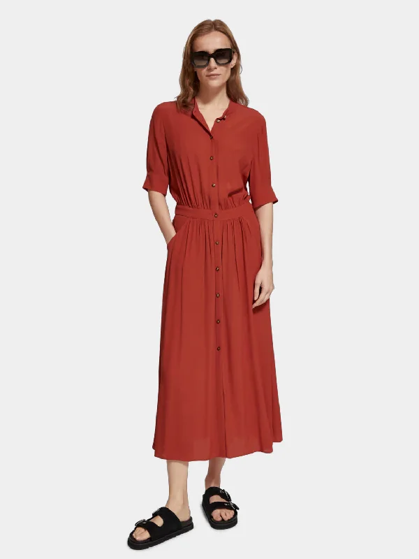 ladies-midi-dress-draped-front-Midi dress with button closure