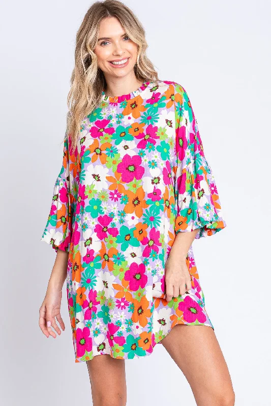 ladies-mini-dress-playful-design-GeeGee Floral Round Neck Lantern Sleeve Mini Dress