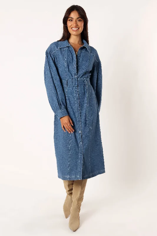 ladies-midi-dress-elastic-hem-Kocoa Long Sleeve Midi Dress - Denim