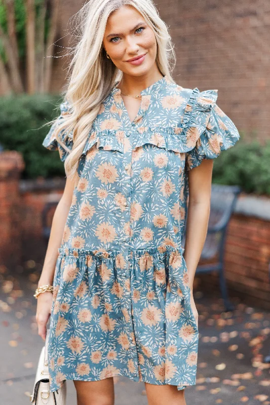 ladies-floral-dress-high-waist-Bring It On Home Dusty Blue Floral Dress