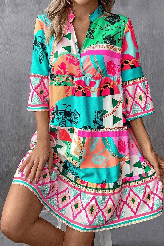 ladies-mini-dress-silk-material-Printed Surplice Half Sleeve Mini Dress