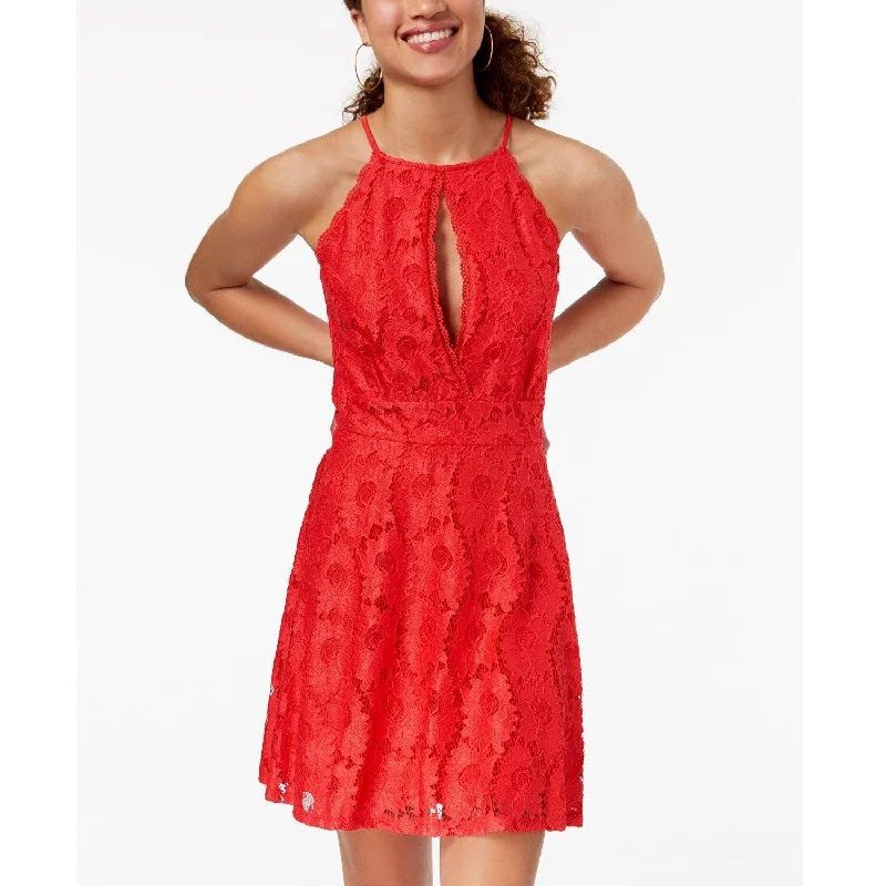 ladies-trumpet-dress-long-train-Material Girl Juniors Lace Fit and Flare Dress Hibiscus Size Extra Large