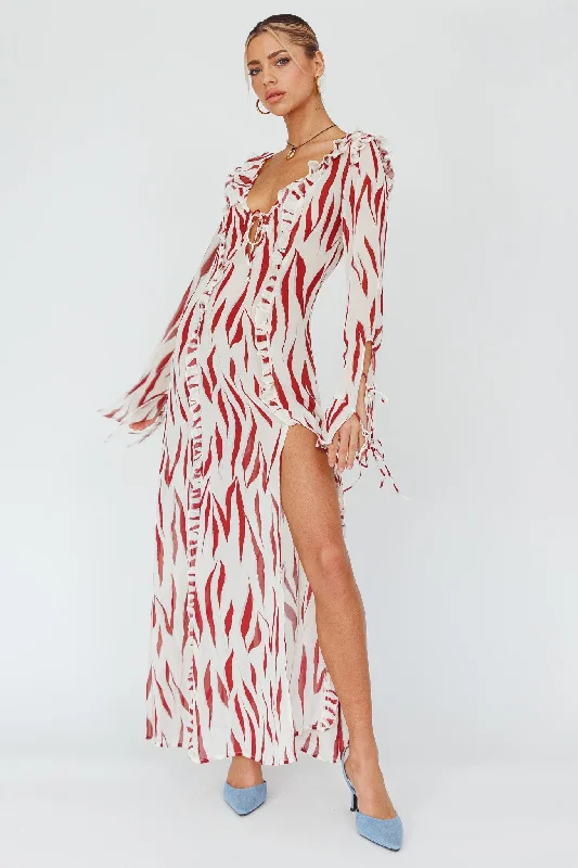 ladies-maxi-dress-tiered-skirt-Oasis Moon Frill Trim Maxi Dress Printed Ruby