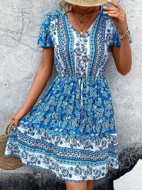 ladies-mini-dress-70s-inspired-Printed V-Neck Flutter Sleeve Mini Dress