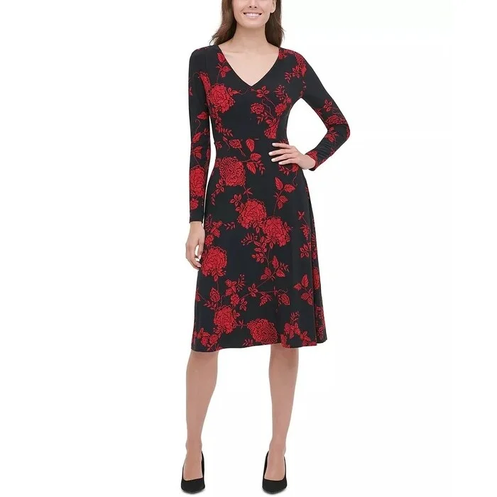 ladies-trumpet-dress-open-back-Tommy Hilfiger Women's Floral-Print Fit & Flare Dress Black Size 16