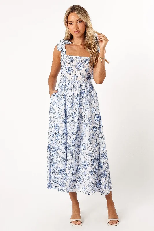 ladies-midi-dress-cold-shoulder-Janie Midi Dress - Blue Floral