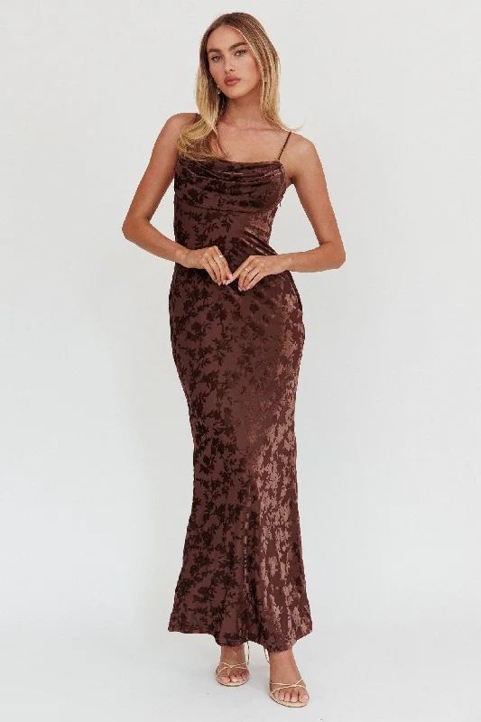 ladies-maxi-dress-color-block-Well Versed Burnout Velvet Maxi Dress Chocolate