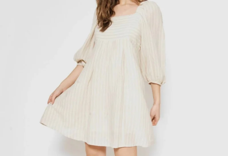 ladies-midi-dress-matte-look-Smocked Midi Dress In Striped Oatmeal