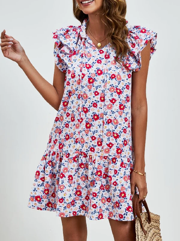 ladies-mini-dress-subtle-charm-Tied Floral Cap Sleeve Mini Dress