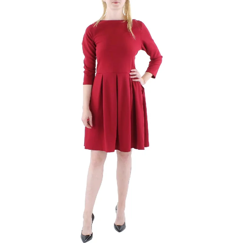 ladies-trumpet-dress-midi-length-Womens Pleated 3/4 Sleeve Fit & Flare Dress