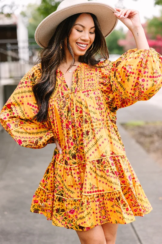 ladies-floral-dress-ruffle-hem-Olivaceous: Ready For The Day Yellow Floral Dress