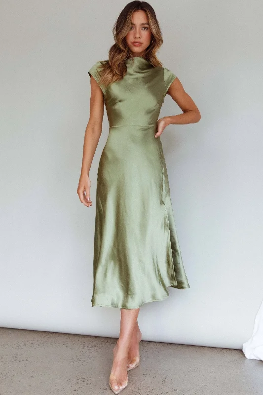 ladies-midi-dress-padded-shoulder-Lucinda Twist Back Midi Dress Olive