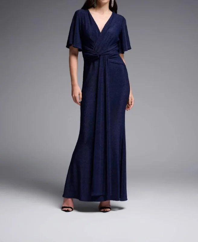 ladies-trumpet-dress-cold-shoulder-Solid Lurex Fit And Flare Maxi Dress In Navy