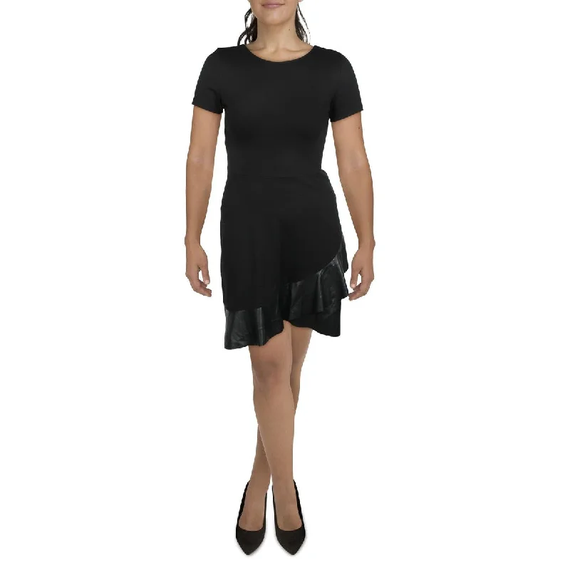 ladies-trumpet-dress-lace-detail-Juniors Womens Faux Leather Trim Short Sleeve Fit & Flare Dress