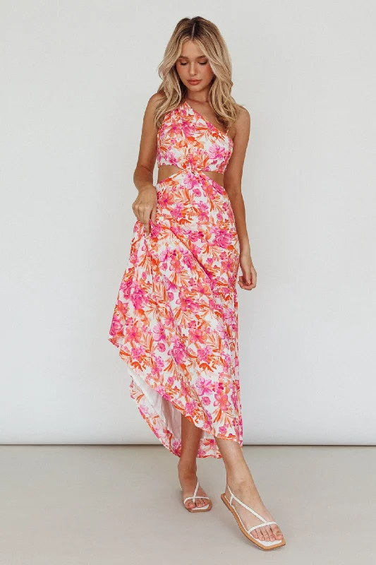 ladies-maxi-dress-dance-floor-Evening Breeze Cut-Out Waist Maxi Dress Floral Pink