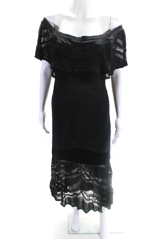 ladies-trumpet-dress-short-sleeve-Herve Leger Womens Short Sleeve Bandaged Long Fit & Flare Dress Black