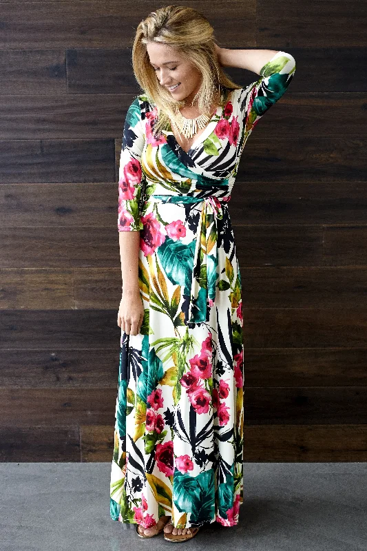 ladies-floral-dress-cerulean-blue-Ivory Tropic Floral 3/4 Sleeve Maxi Dress